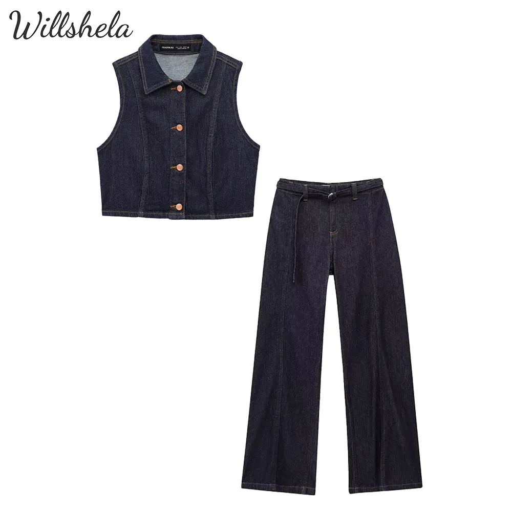 

Willshela Women 2 Pieces Sets Denim Vest and Flared High Waist Pant Female Chic Lady Casual Waistcoat and Trousers Coordinates
