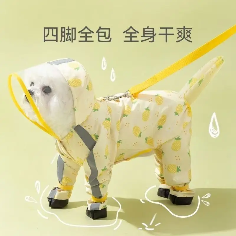 Korean version pet clothing, fruit four legged raincoat, can be pulled, four legged full package, small and medium-sized dog
