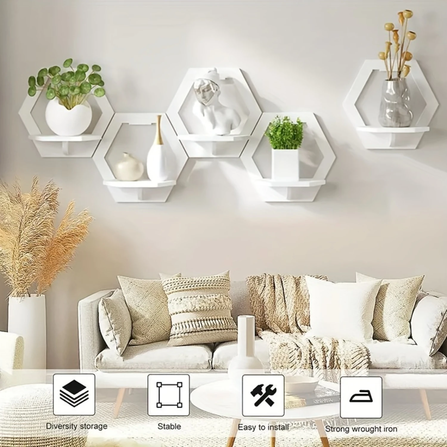 Hexagonal Wall Art Shelves - Easy Install, Bedside & TV Background Decor, Space-Saving Display Rack for Bedroom, Living Room