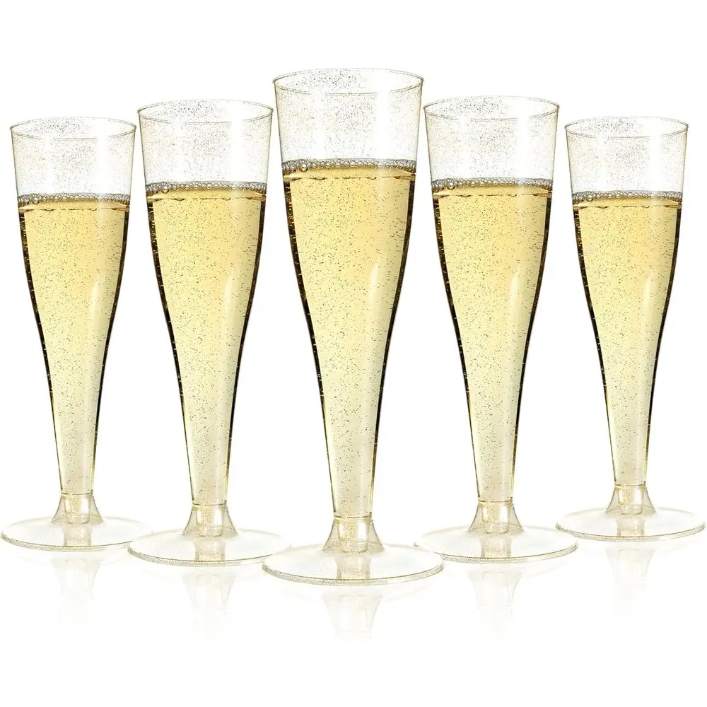 

200 Pack 4.5 oz Gold Glitter Plastic Disposable Champagne Flutes for Parties, Weddings, and Special Events