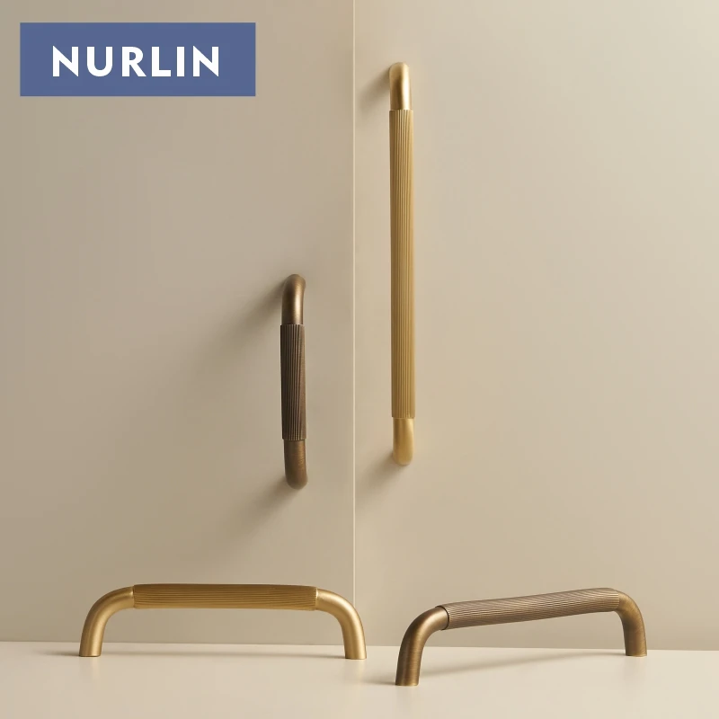 Nurlin Matte Vintage Brass Linear Bent Drawer Pulls Long Solid Cabinet Handles for Kitchen Cupboard Wardrobe Closet CH117