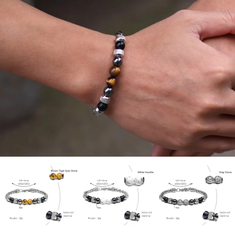 

New Hiphop Rock Cuban Chain Bracelet For Men Stainless Steel Adjustable Natural Tiger Eyes Sodalite Hematite Healing Braslet