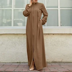 Muzułmańska abaja z zamkiem błyskawicznym z przodu Dubaj Jalabiya Sukienka z długim rękawem Casual Stand Collar Kaftan Sukienki Ramadan Eid Abayas dla kobiet