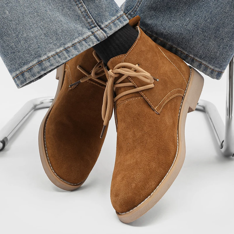 Imitation Suede Men Lace Up Desert Boots Paired with Pointed Retro Minimalist Daily Commuting Casual High Top Boots