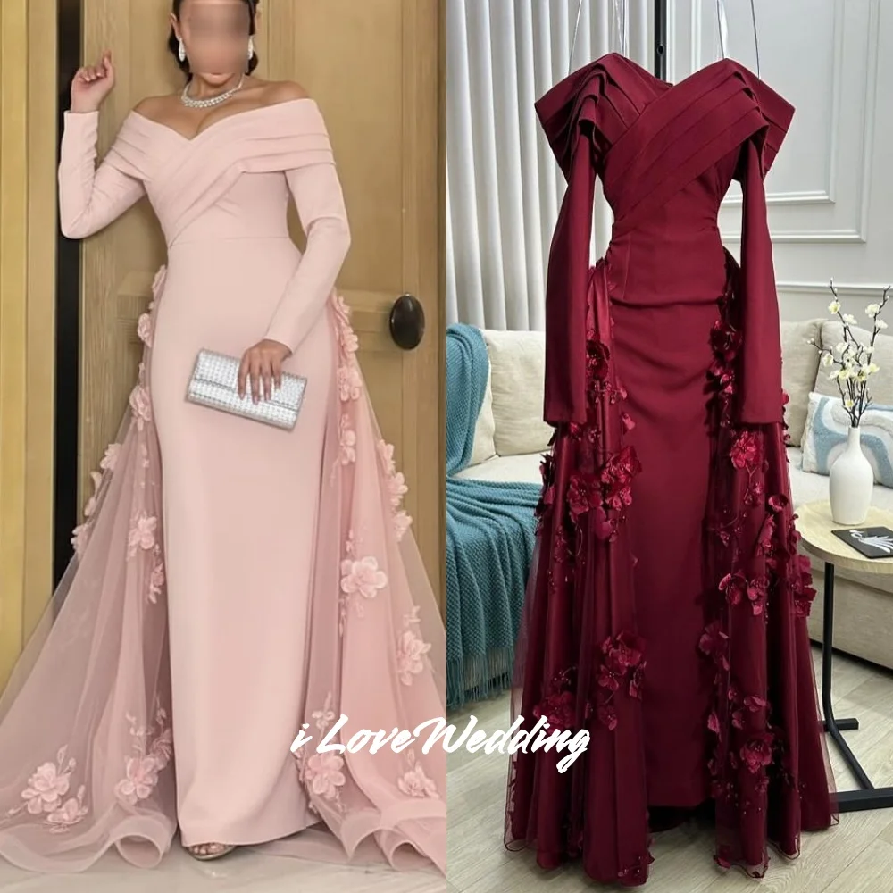 Sukienka balowa w kolorze burgundowym z dekoltem w serek, kwiatami 3D, o kroju litery A, z odkrytymi ramionami, długim rękawem, szyta na miarę, na specjalne okazje, długa do podłogi, plisowana, z możliwością personalizacji.