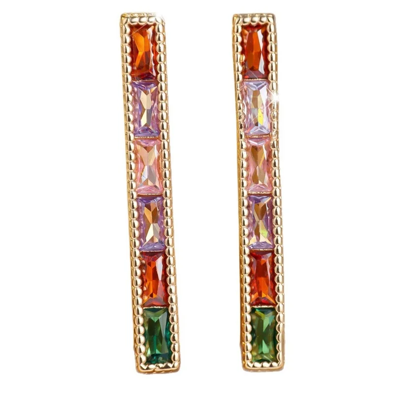 2026 New European and American New Rectangular Ladder Square Colored Ear Buckle Retro Edging Rainbow Zircon Accessory Wholesale