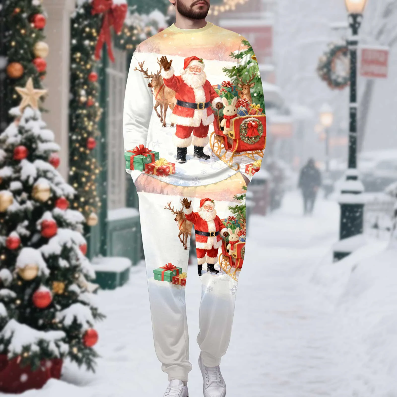 

New Year Christmas Men's Anime Lonf sleeve Hoodie Pant Suit Santa Claus 3D Printed Party Street Wear Women Fun Festive Tracksuit