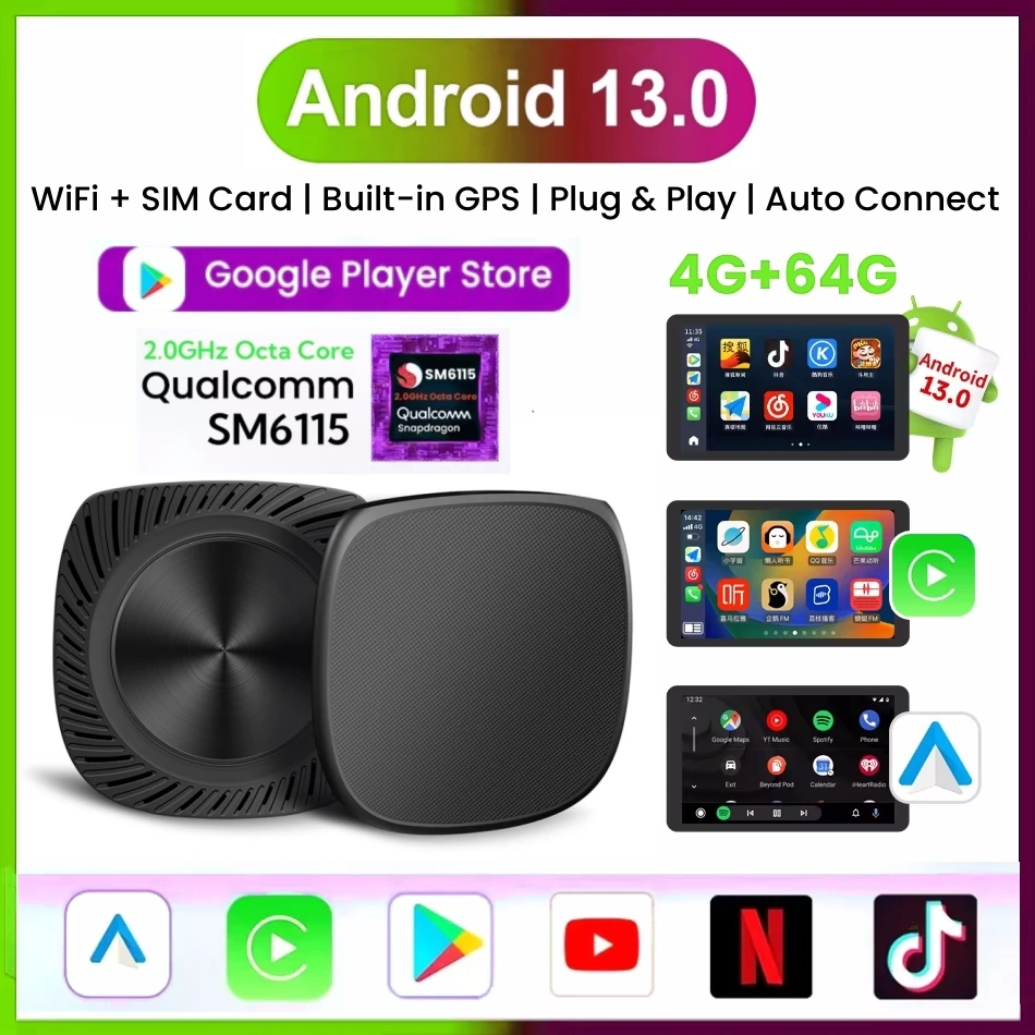 

LEXXSON Smart CarPlay Ai Box Android 13 Support Netflix YouTube Split Screen Wireless Android Auto TV Box 4G LTE WiFi Hotspot