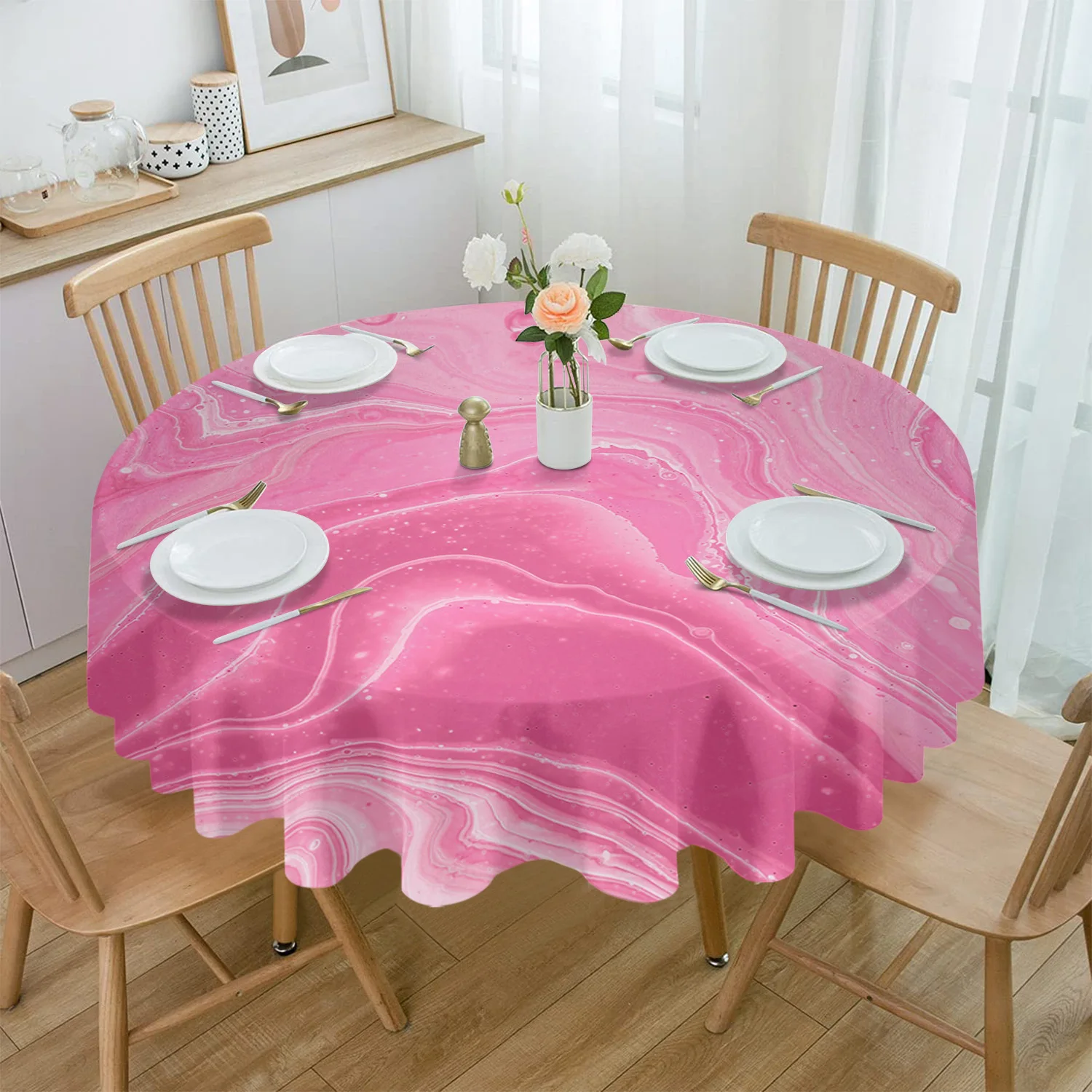 Marble Textured Fluid Pigment Pink Round Waterproof Tablecloth Home Decorative Table Cover Party Wedding Dining Room Table Cloth