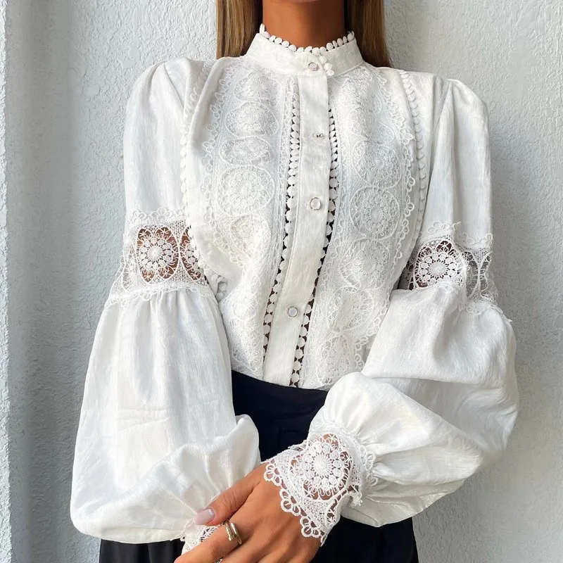 

White Lace Blouses Tops Women Elegant Solid Casual Lace And Button Hook Flower Hollow Puff Sleeves Blouse Top Lady Office Shirts
