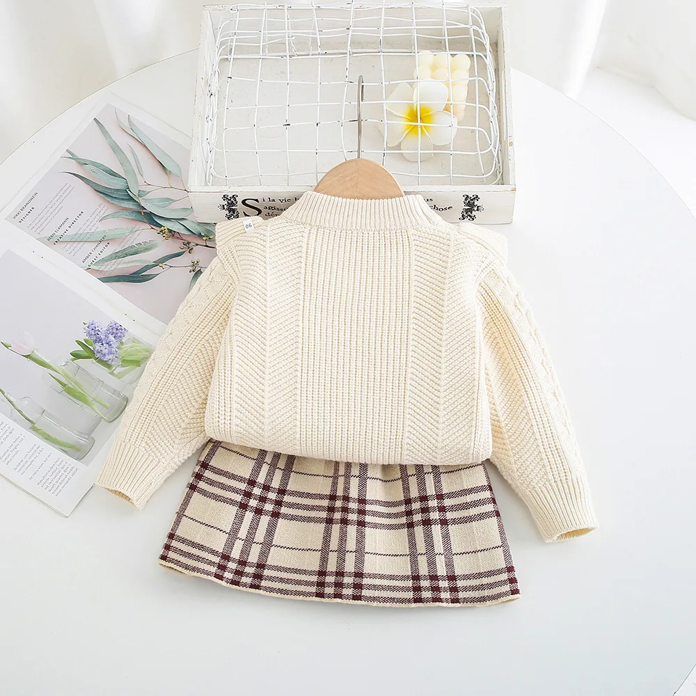 Two-piece Dress Gauze Little Doll Accessories Laciness Sweater+tartan Skirt Girls Sweater  Pullovers for Kids  Knitted Sweater