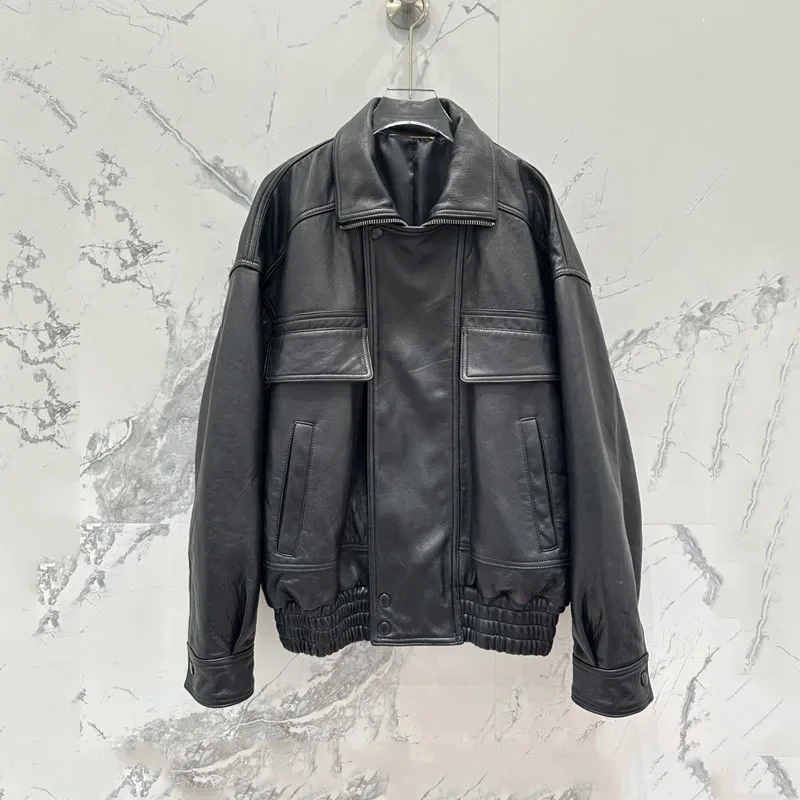 Genuine Leather Jacket Short Turn-Down Collar Clothes Drop Shoulder Sleeves Casual Style Women Coat Spring Autumn