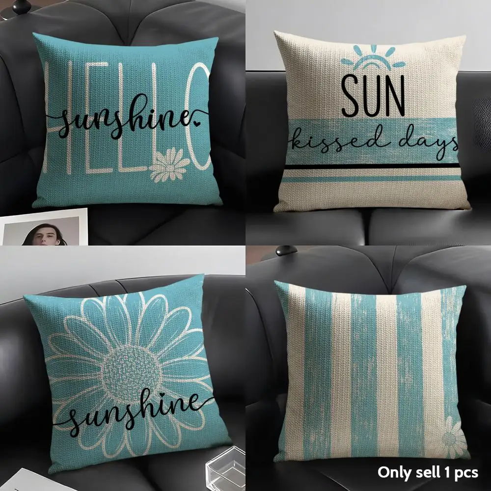 Blue Summer Daisy Art Cushion Cover Natural Linen Organic Fabric Double-Sided Printing Breathable Perfect Gift For Decor
