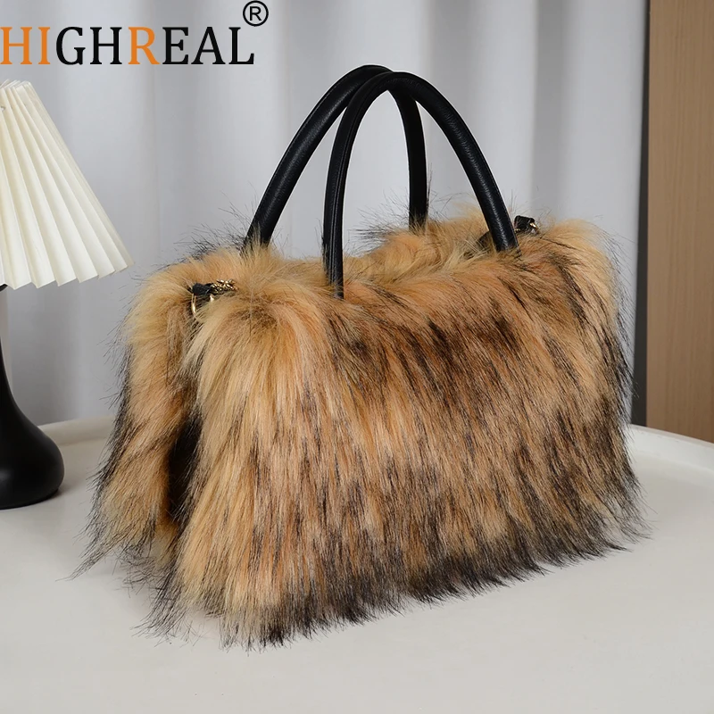 

Winter Soft and Fluffy Women's Faux Fur Handbag High Quality Large Capacity Plush Tote Bag Patchwork Leather Shopper Purses
