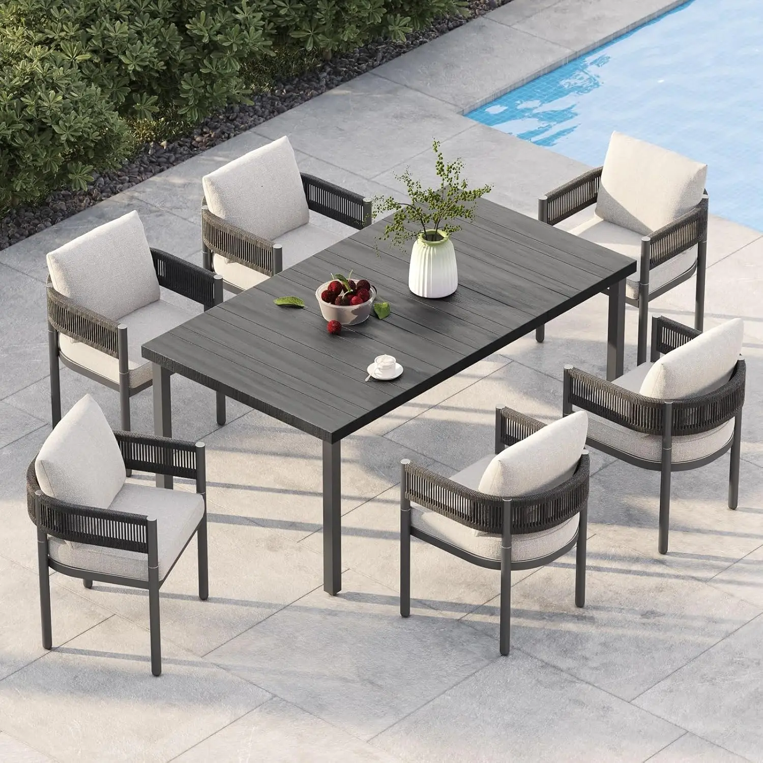 

Outdoor Dining Set for 6, 7 PCS Patio Table and Chairs Set, Metal Woven Wicker Fixed Patio Chairs with Thickened Cushions