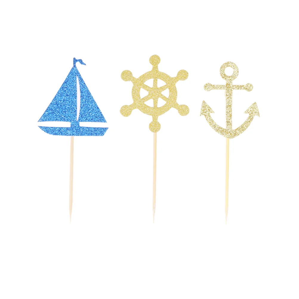 24pcs Sailing Boat Anchor Cake Topper Cake Picks Cupcake Decor Party Supplies for Wedding Birthday Festival