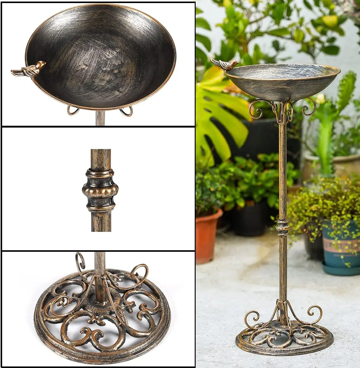 Vintage Cast Iron Pedestal Bird Bath for Outdoor Gardens, 11.4" W x 27.6" H, Rust-Proof Metal Bowl for Birds view 4