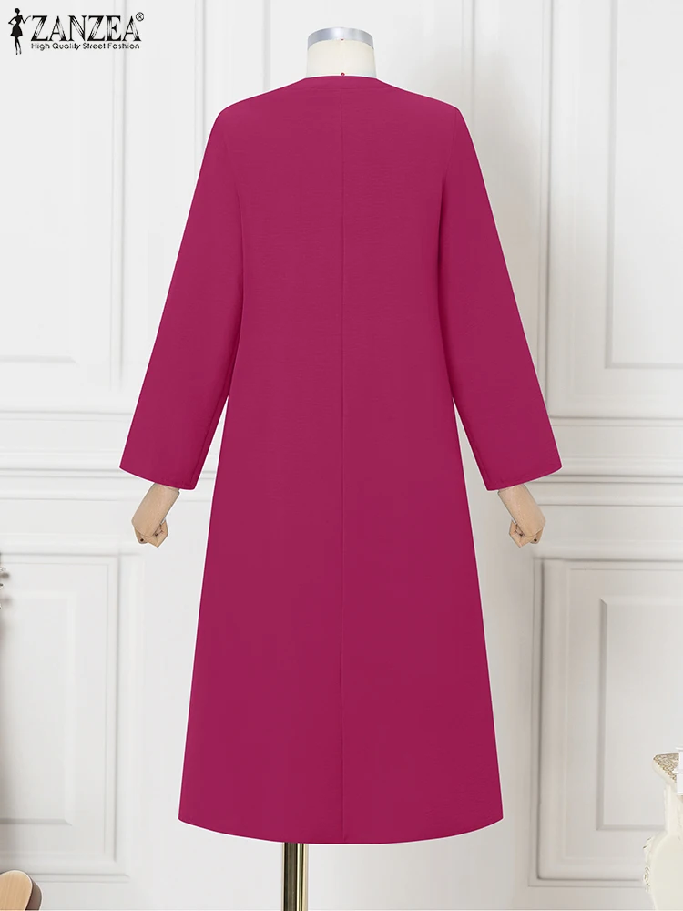 2025 ZANZEA Donna Elegante Scollo a V Abiti a maniche lunghe Autunno Ufficio Vestito estivo Solido Abito allentato Una linea Midi Robe Abiti a pieghe