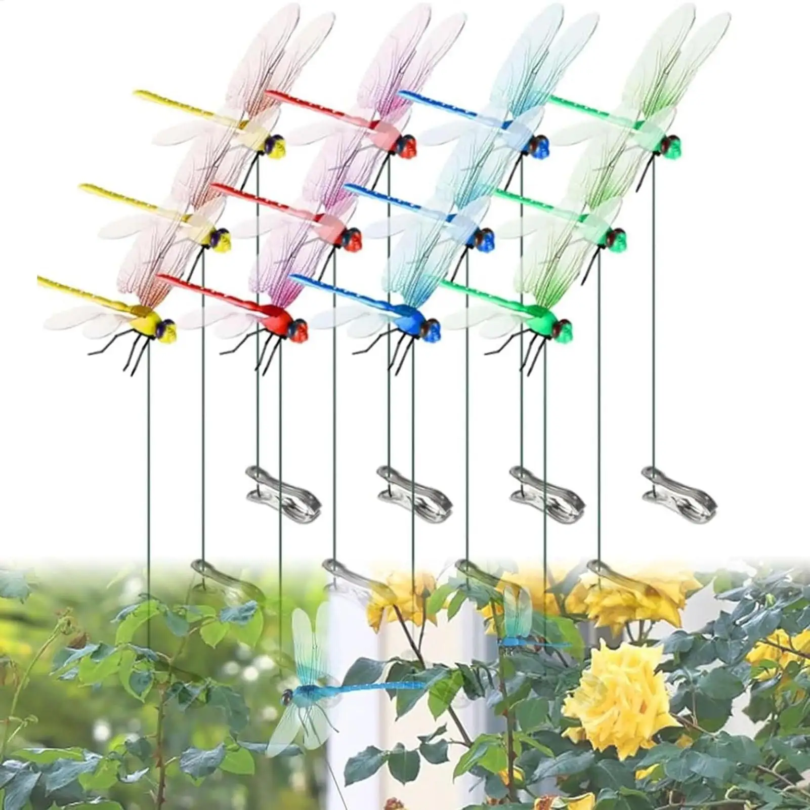 12Pcs 3D Dragonfly Hat Clip Realistic Decoys Simulation Garden Stake Decorate Outdoor Realistic Outdoor Decorative Clips