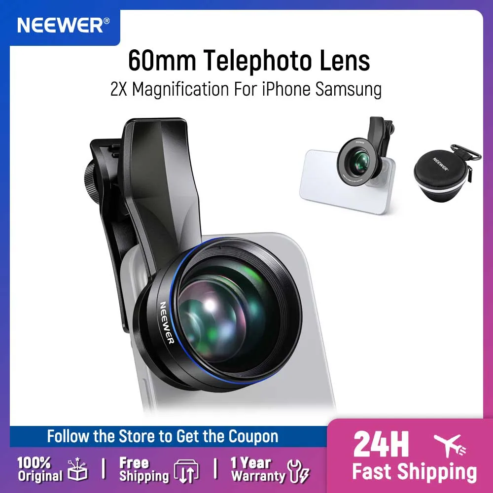 NEEWER 60mm Telephoto Lens with 17mm Thread Phone Lens Clip & 67mm Filter Adapter Ring, 2X Magnification Compatible with iPhone