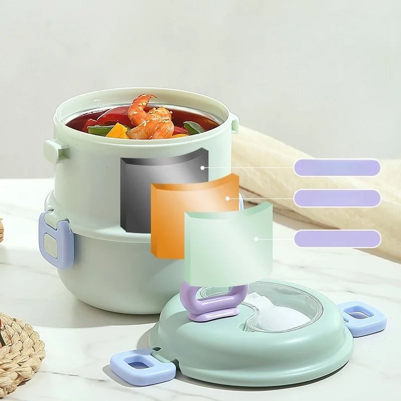 JUSTINLAU Double-layer Insulated Lunch Box 304 Stainless Steel Insulated Bucket with Spoon Porridge Fruits Snack Food Container