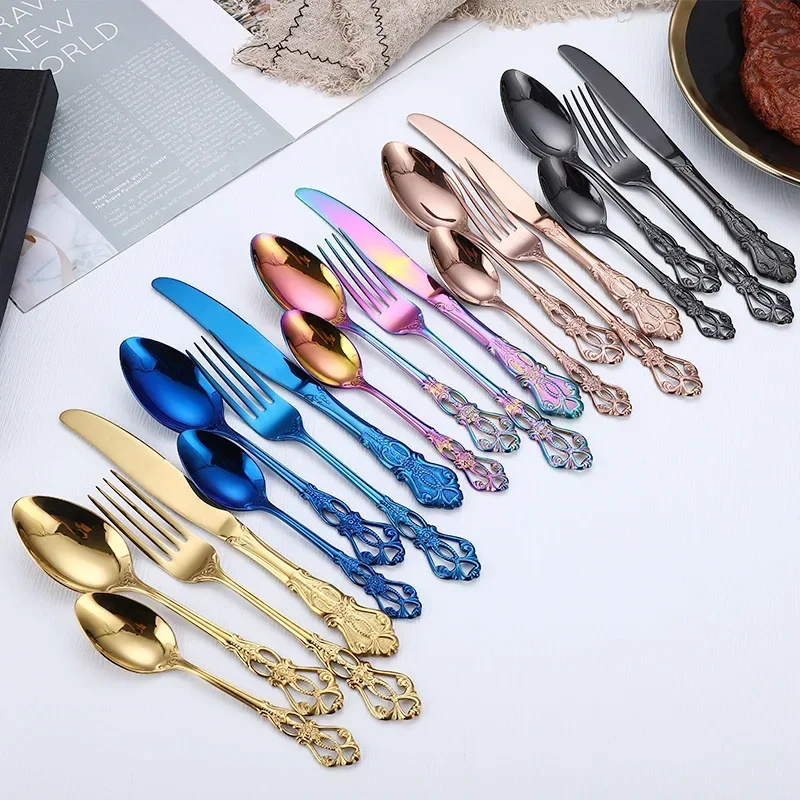 4pcs Gold Stainless Steel Cutlery Set Royal European Spoon Fork and Steak Knife Retro Hollow Design Dinnerware Luxury Tableware