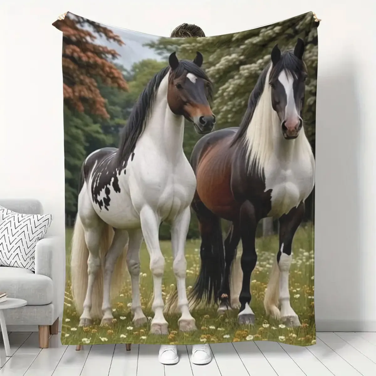 Two Pinto Horses Flannel Throw Blanket Spotted Horses Standing On Wildflower Meadow Nature Art Print Soft Lightweight Blanket
