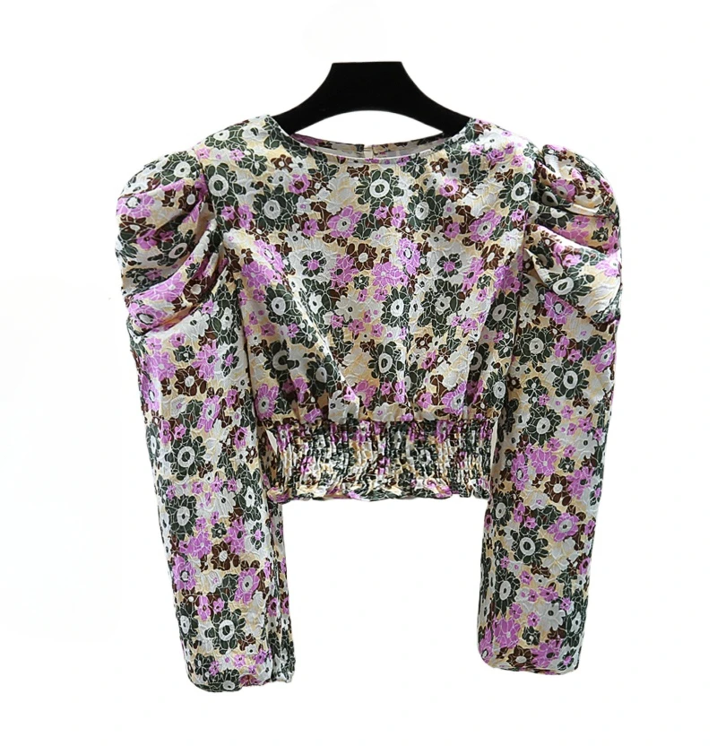 Retro Printed Flower Blouse Women Long Bubble Sleeve Pullover Shirt 2025 Spring Ladies High Waist Short Pleated Waist Top Blusas