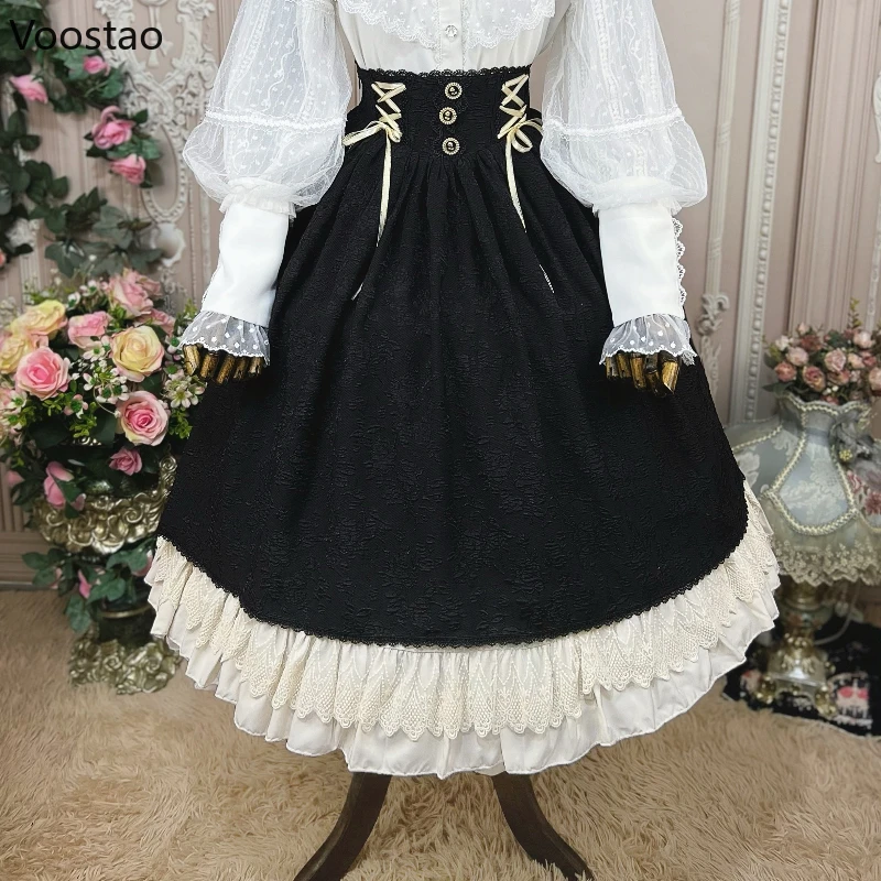 Gonna longuette Lolita vittoriana Vintage donna elegante pizzo Patchwork Ruffles gonne da sera per feste femminile gotico Y2k fasciatura Falda