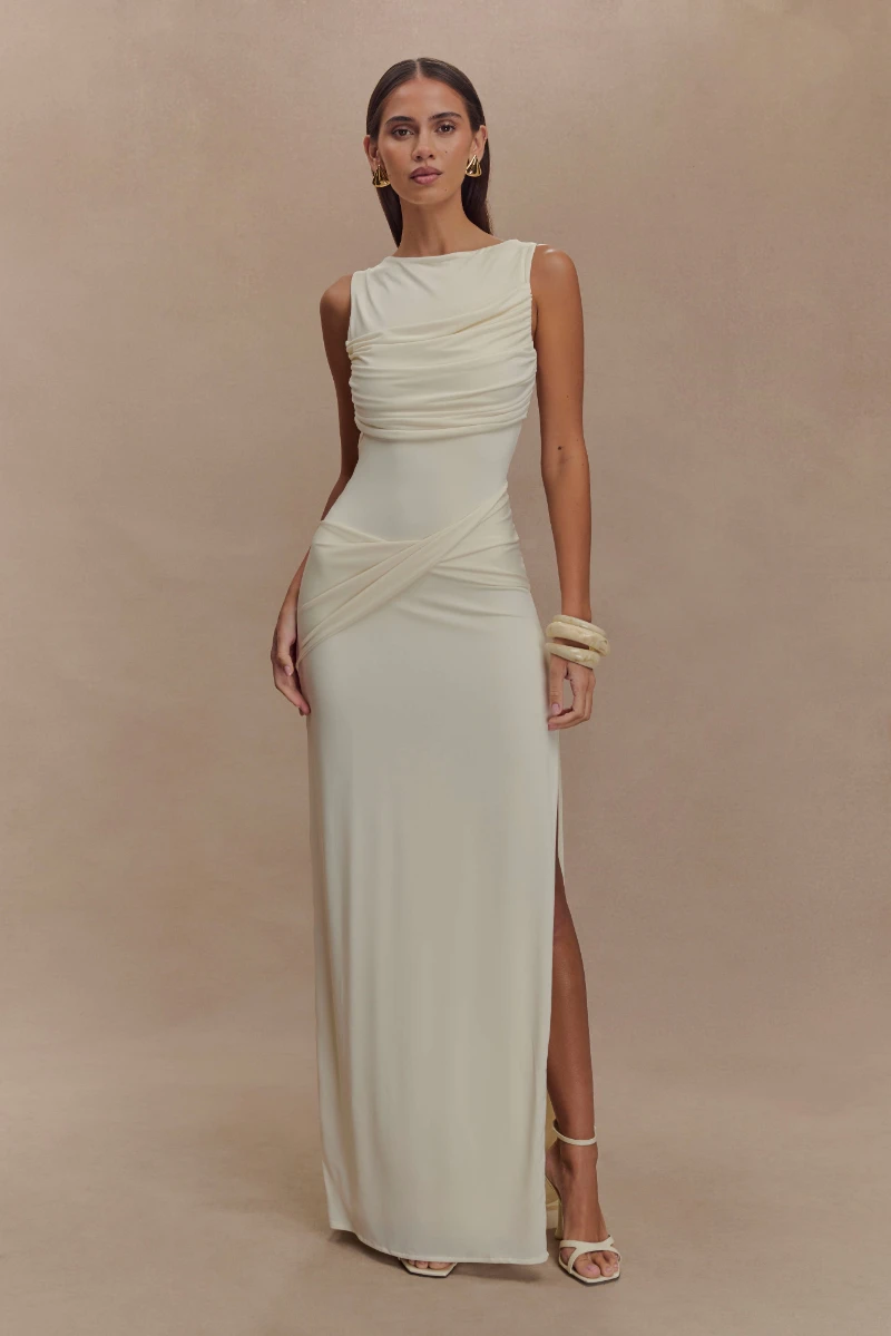 

Summer New O Neck Sleeveless Pleated Bodycon Elegant Backless Maxi Dress Women High Waist Thigh Split Party Evening Dress
