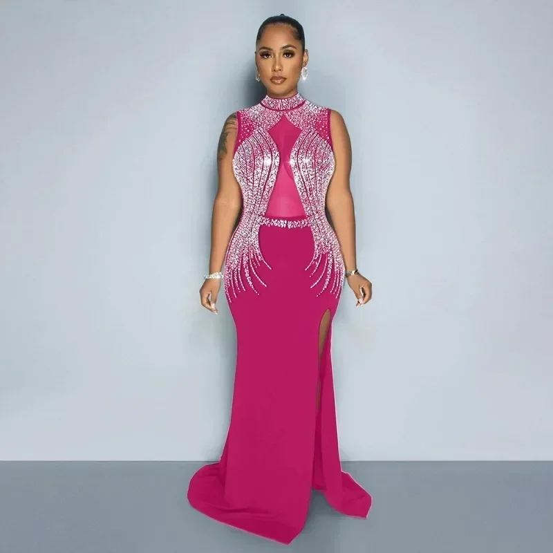 GUWU-Vestido largo sexi de malla transparente con diamantes de imitación para mujer, vestido largo sin mangas con abertura, vestidos de fiesta de noche ajustados