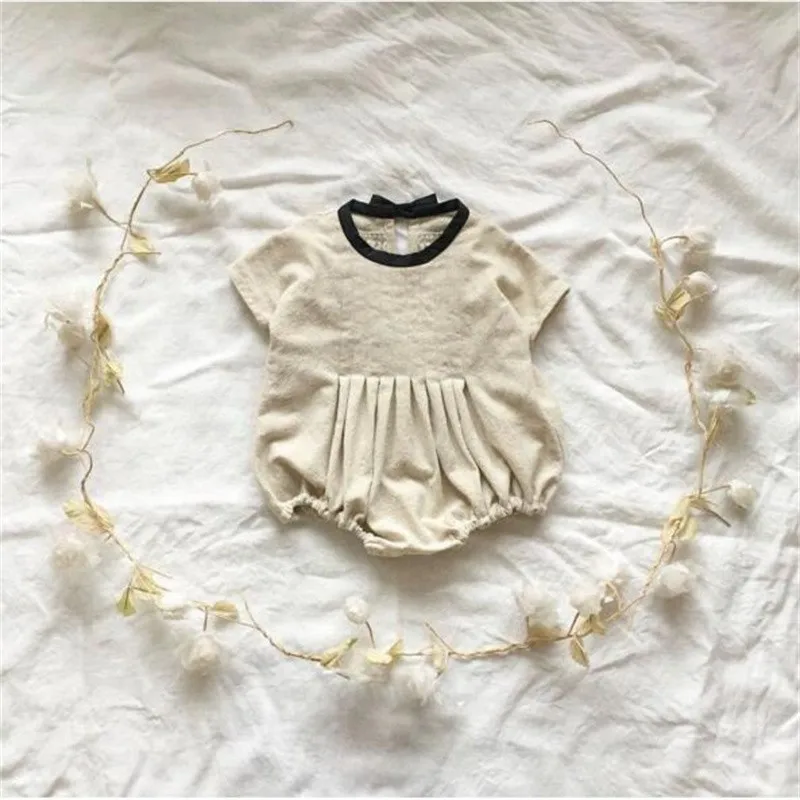 2024 Newborn Baby Girl Summer Fashion Bowknot Bodysuit Toddler Boy Solid Cotton Linen Jumpsuit One Piece Infant Outfits