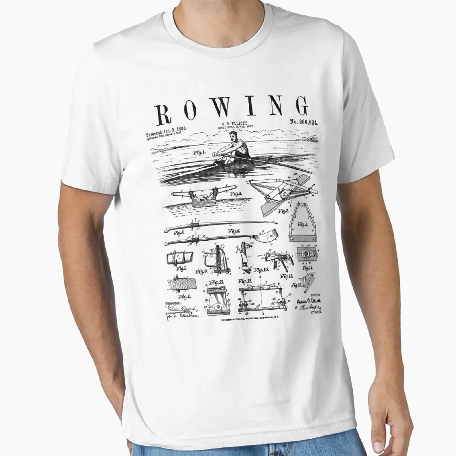 Rowing Sport Rower Sculling Single Scull Boat Vintage Patent Essential T Shirt vintage Washed fashion Stylish Unisex