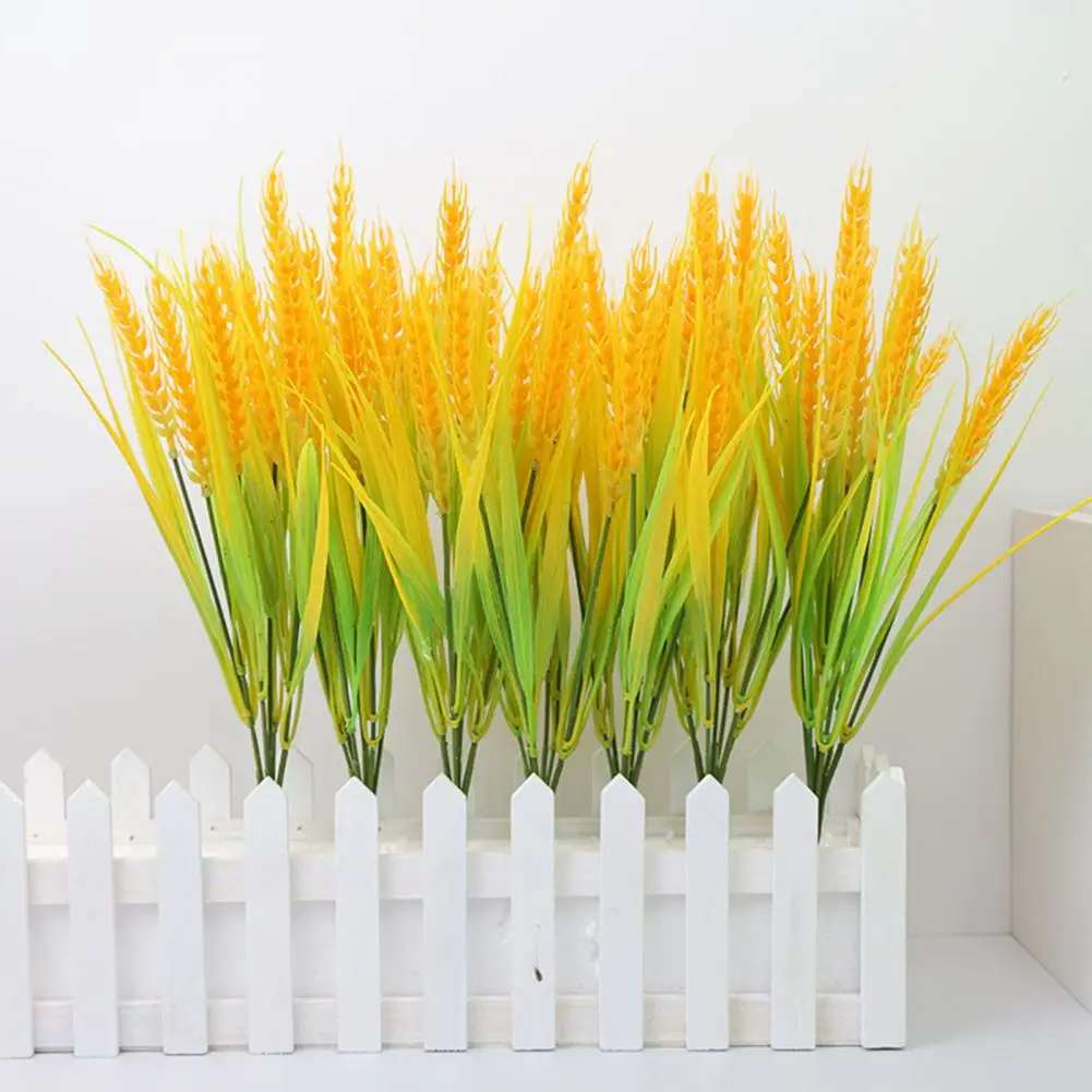 7 Forks Artificial Wheat Ears Rice Plant Bouquet Realistic Simulated Non Water Needed Easy to Care Indoor/Outdoor Decoration