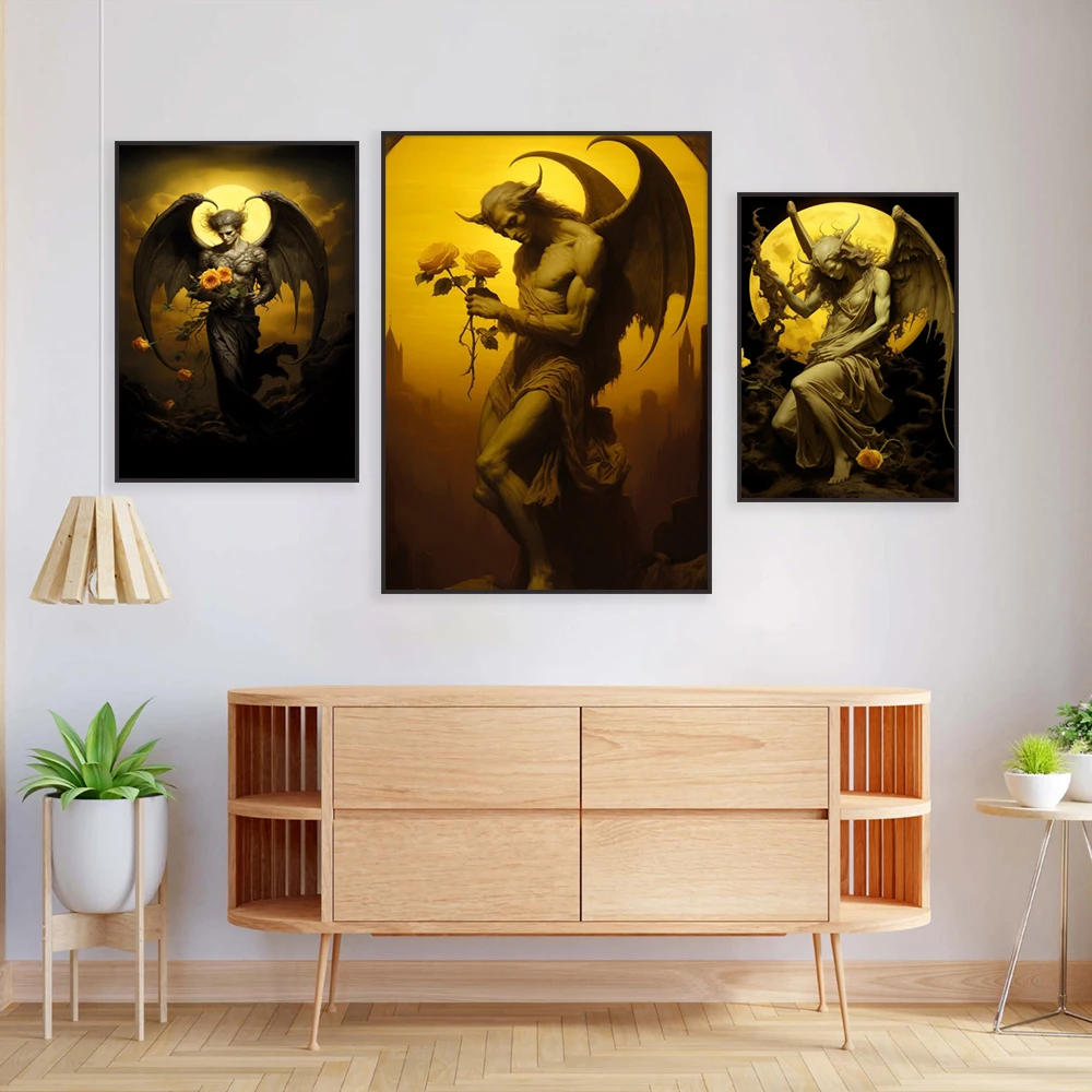 فن الورد الأصفر المتساقط، ملصق حائط ساحرة أكاديمي الظلام الخيالي، لوحة غامضة قوطية، أعمال فنية جحرية وثنية