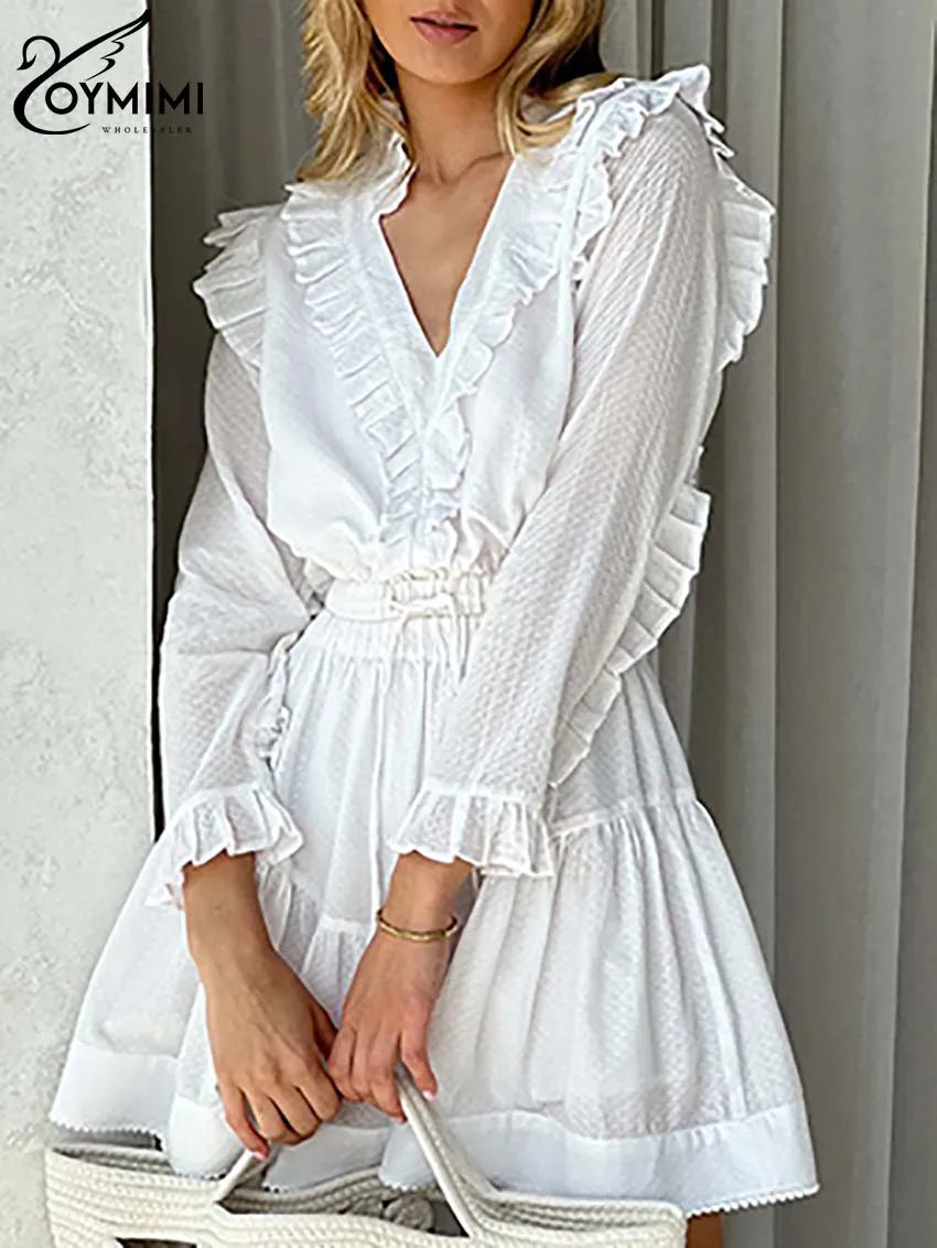 Oymimi Casual White Cotton 2 Piece Sets Women Outfit Fashion Long Sleeve Ruffled Lace-Up Blouse And Lace Pleated Mini Skirts Set