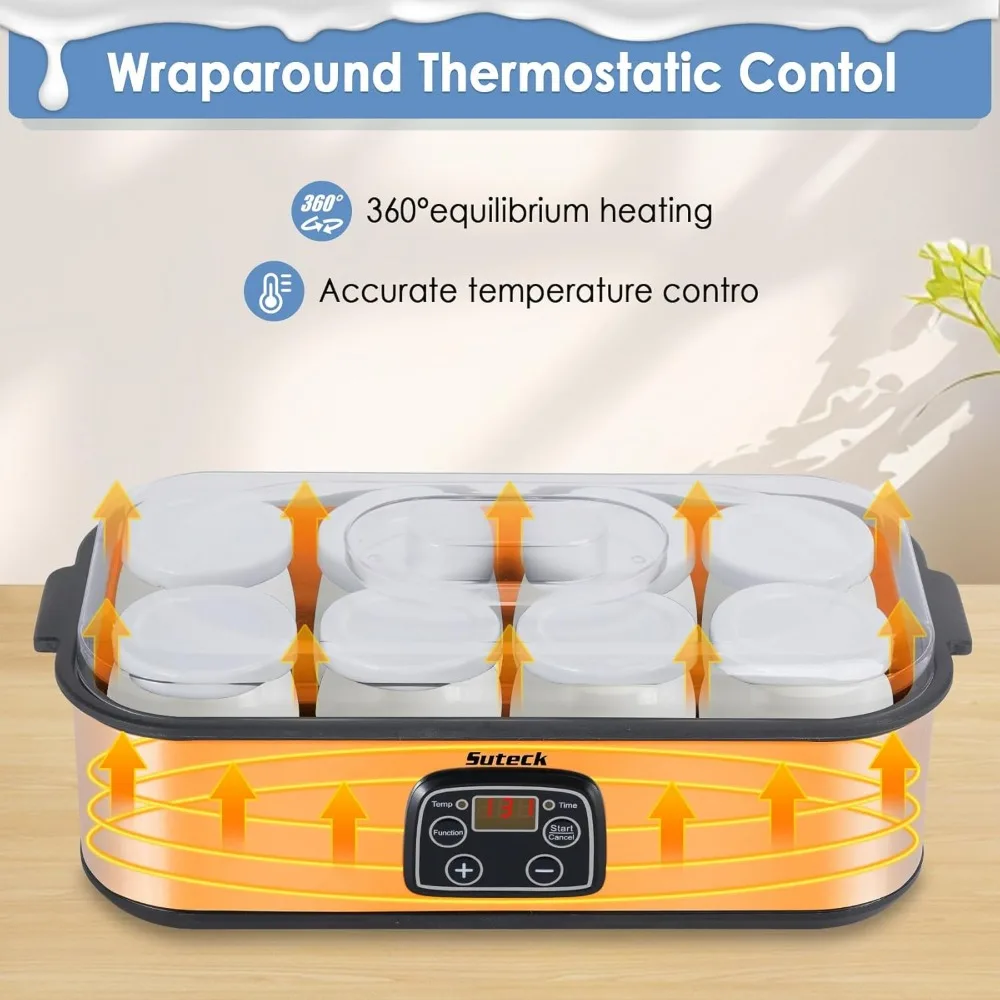 ماكينة صنع الزبادي الرقمية الأوتوماتيكية مع 8 برطمانات زجاجية 48 أونصة (6 أونصة لكل جرة) شاشة LCD مع تحكم ثابت في درجة الحرارة