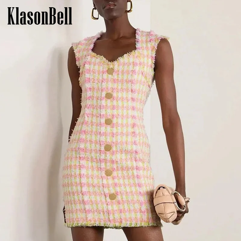 

8.5 KlasonBell Women's Vintage Contrast Color Plaid Tweed Dress Sweet Elegant Square Collar Sleeveless Tank Mini Dress