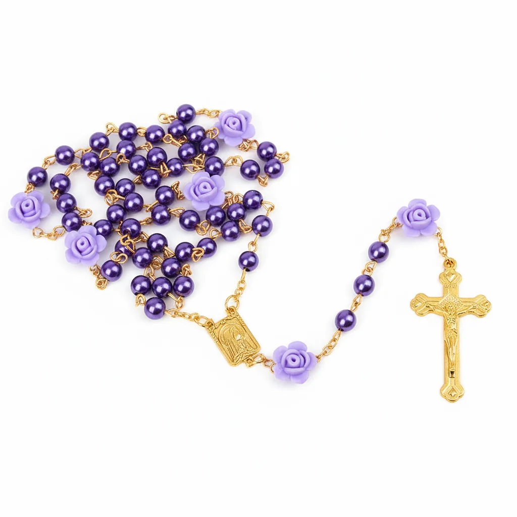 Religiöse Rosenkranz-Halskette für Damen, Kreuz-Anhänger, 6 mm lange Glasperlen, Rosenkette, Choker, weiblicher Gebets-Schmuck, Geschenk. – Detail 6