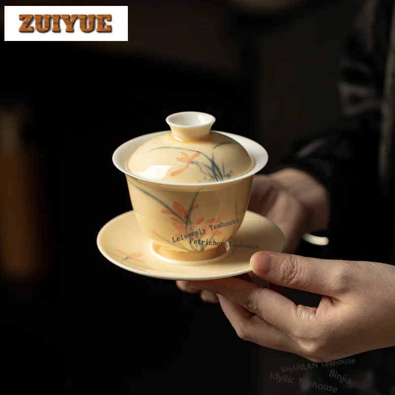 

150ml Hand-painted Orchid Gaiwan Antique Tea Tureen Tea Bowl With Lid Kit Tea Maker Cover Bowl Tea Items Accessories Collection