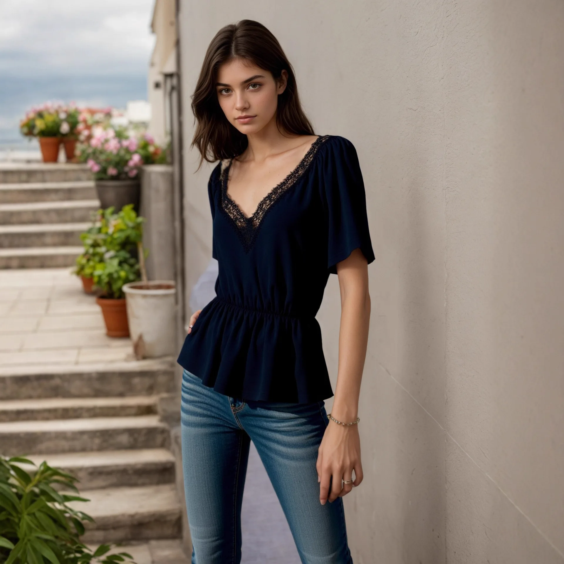 New women's clothing solid color elegant ruffle edge lace detail waist V-neck short-sleeved top