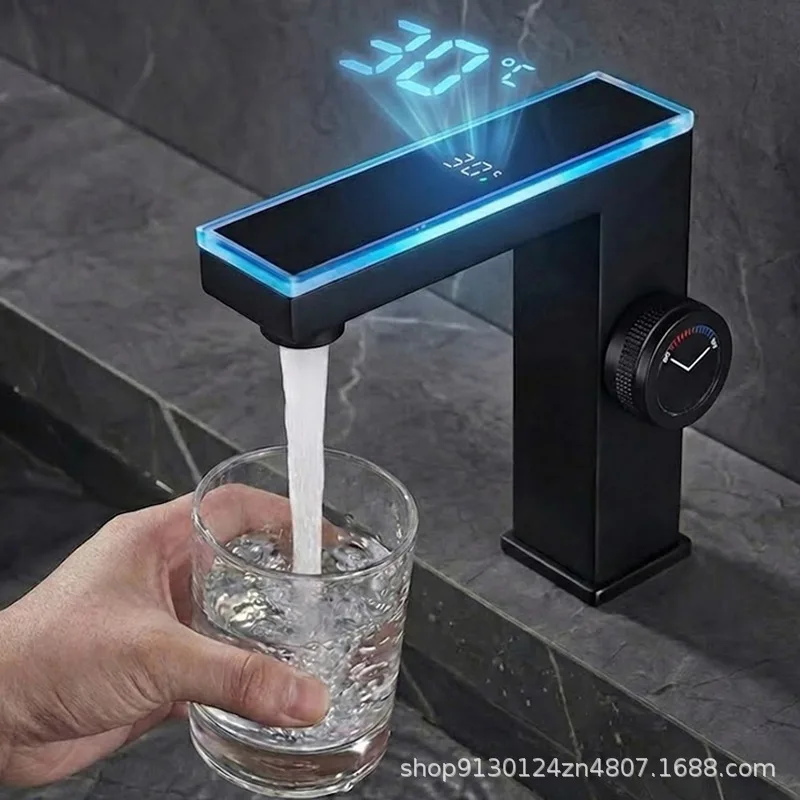 

Basin intelligent digital display hot and cold faucet ambient light, space aluminum bathroom washbasin, washbasin household basi