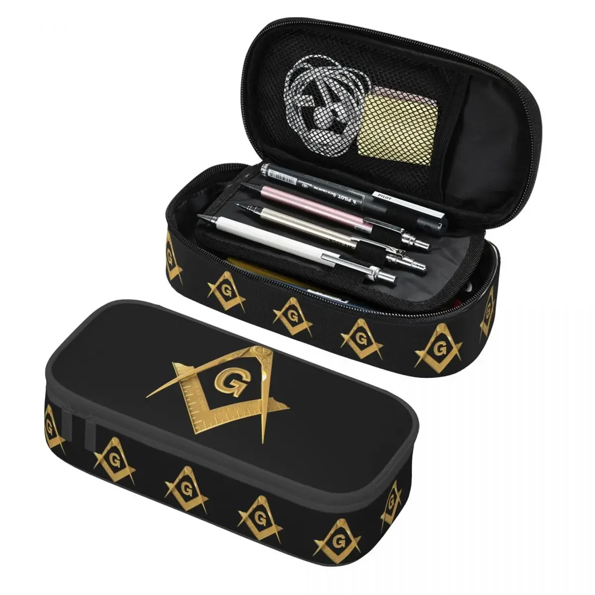 Customized Kawaii Gold Freemason Logo Pencil Cases for Girls Boys Large Capacity Masonic Mason Pencil Bag School Supplies