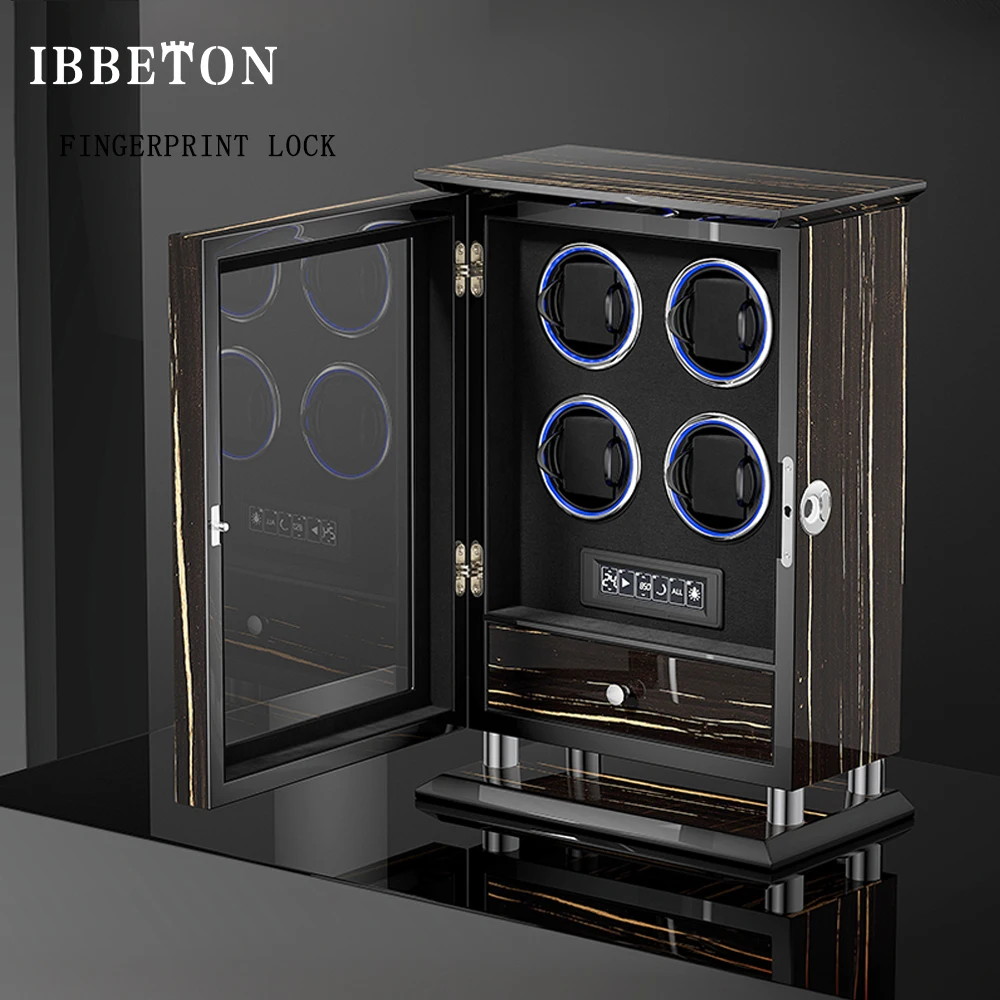 IBBETON Watch Winder Box Fingerprint Unlock Mechanical Watches Safe Box Automatic Winding Collection Gradient Atmosphere Lamp