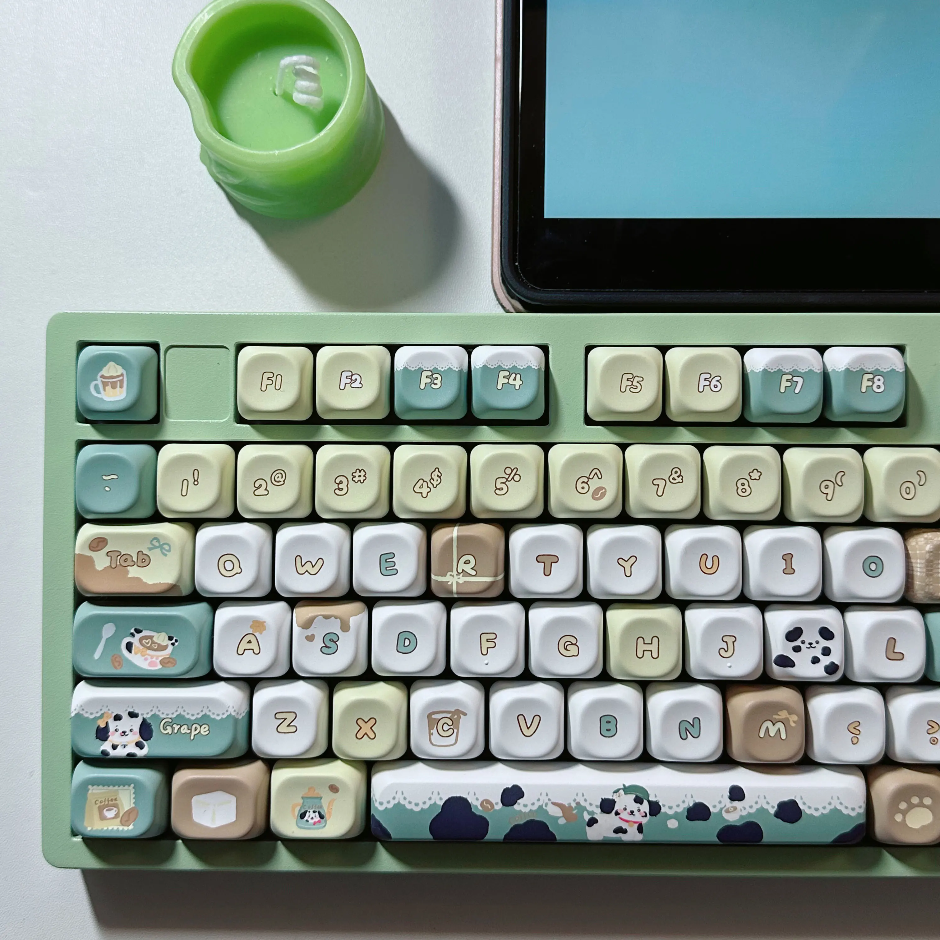 コーヒースポットドッグテーマキーキャップMOAチェリープロファイルPBT熱昇華かわいい子犬キーキャップMXスイッチメカニカルキーボード用