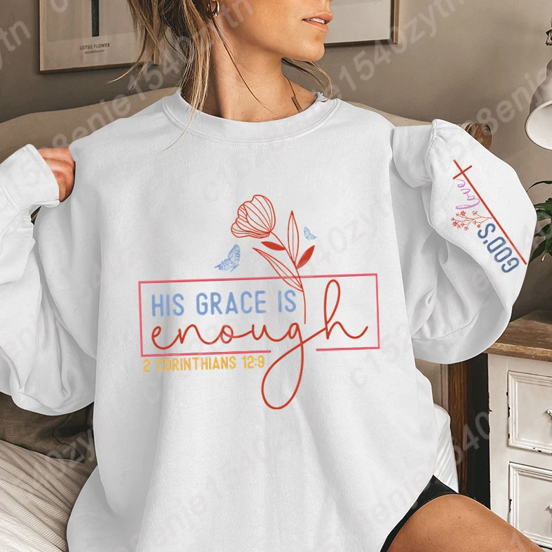 His Grace Is Enough Letter & Ross Print Sweatshirt, Crew Neck Casual Pullovers For Fall & Winter, Women's Oversized Sweatshirts