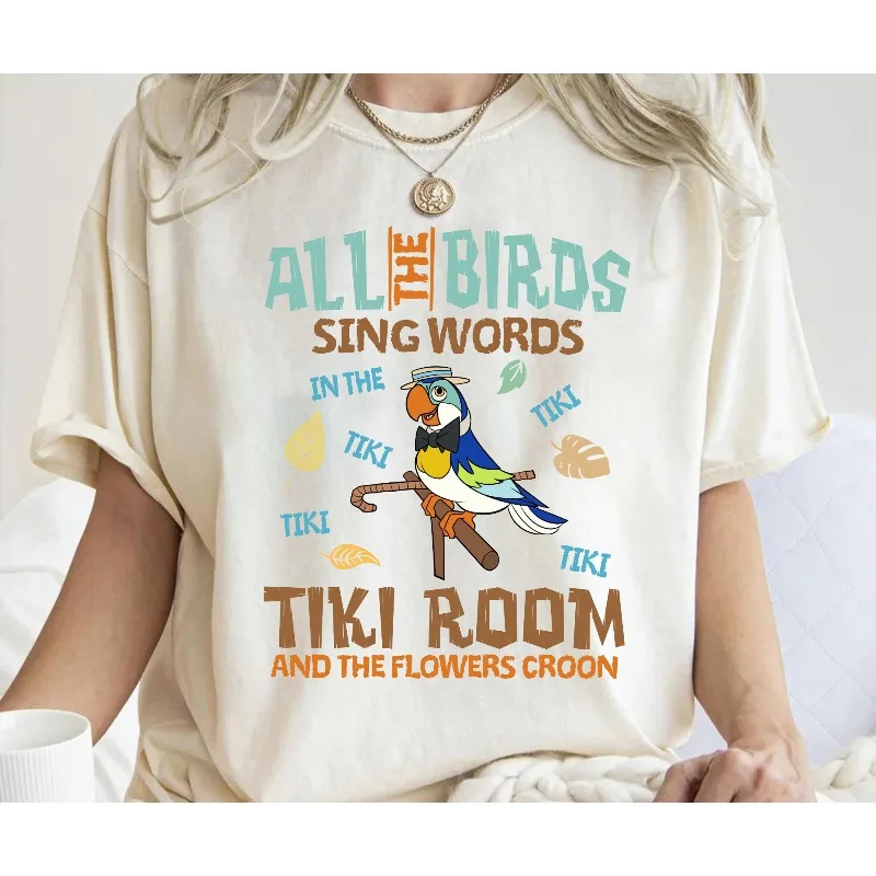 Camisa de la habitación Tiki encantada, todos los pájaros cantan palabras, Polinesio de la Aventuría, camiseta del Reino Mágico de Disneyland Park Adventureland
