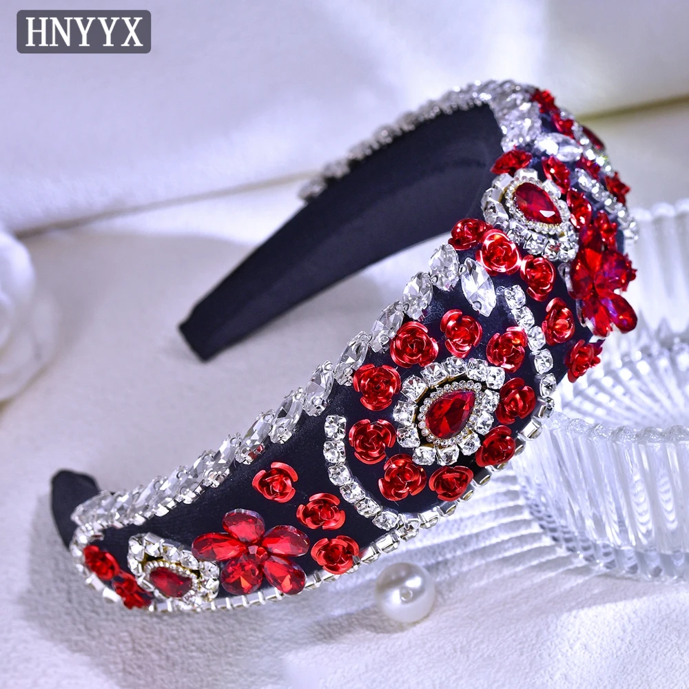 HNYYX Wedding Red Rhinestone Headband Vintage Thick Non-slip Hair Accessories Rose Headpiece Baroque Jewelry Hair Tiara A254