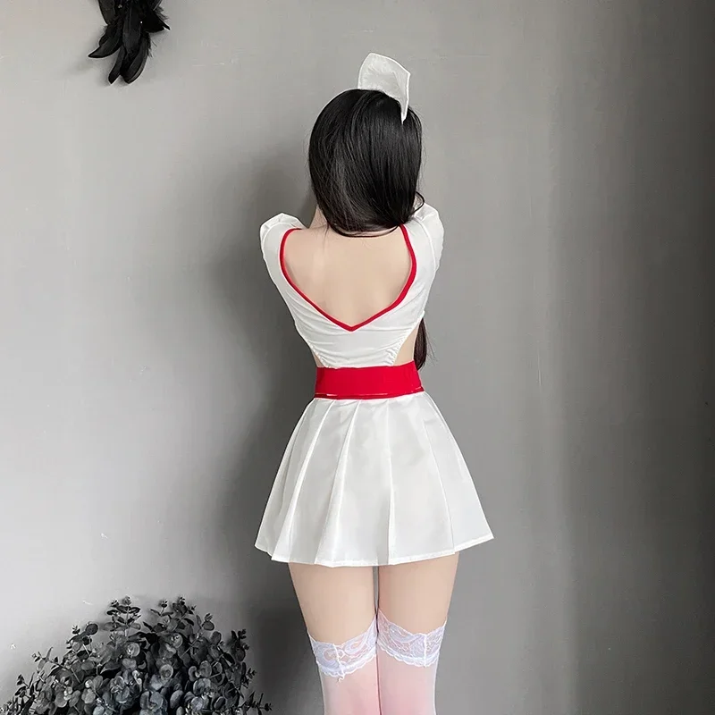 Lencería Sexy blanca, uniforme de enfermera, disfraces exóticos de Anime, mono de entrepierna abierta, conjunto de falda, ropa de espectáculo de escenario de Club