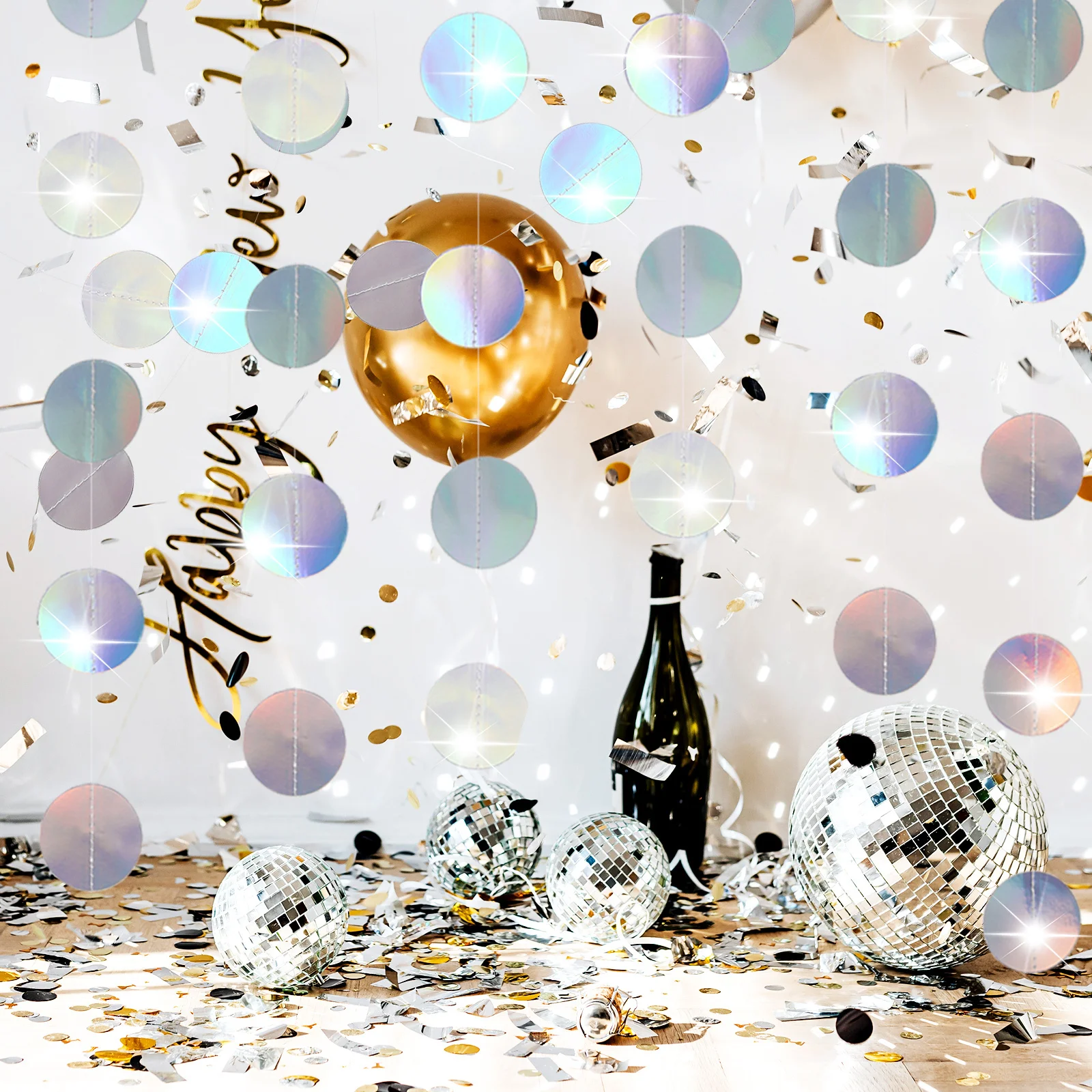 

5pcs Iridescent Circle Dot Garland 4M Long Lightweight Hanging Decoration For Birthday Wedding Disco Party Streamers Iridescent